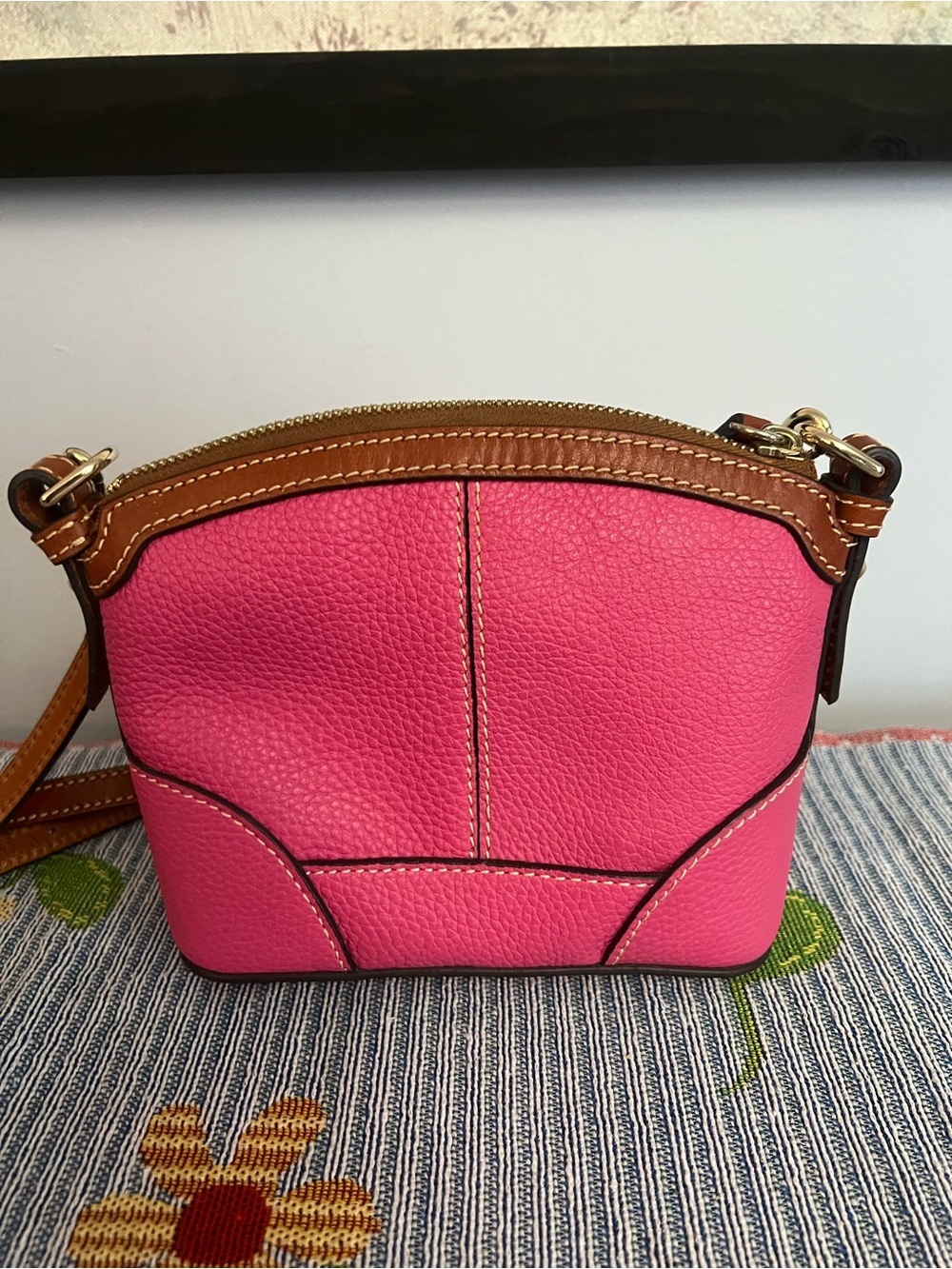 Dooney & Bourke Hot Pink Pebble Leather Domed Crossbody with Brown Trim - Picture 6 of 11